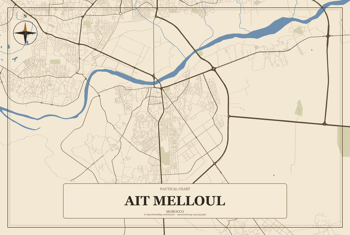 Ait Melloul, Morocco City Map Aluminum Sign in Heritage Nautical style
