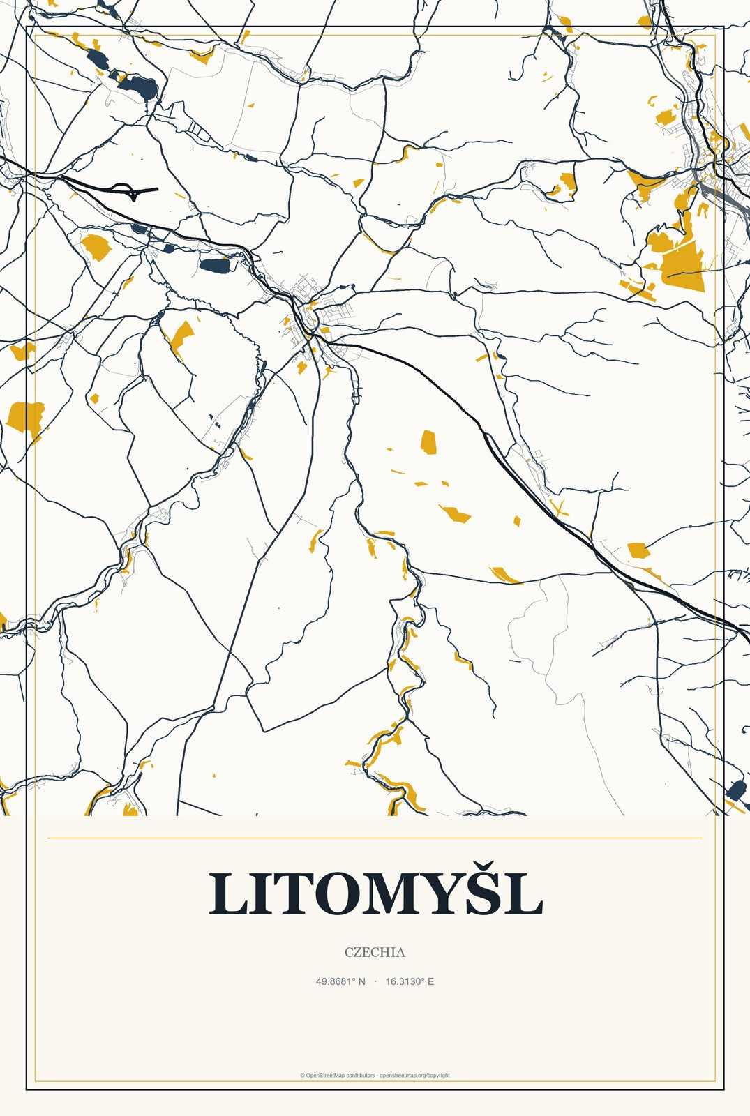 Litomyšl, Czechia City Map Aluminum Sign in Citrine Modern style