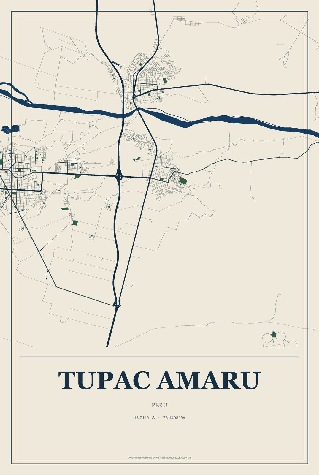 Tupac Amaru, Peru City Map Aluminum Sign in Coastal Cutout style