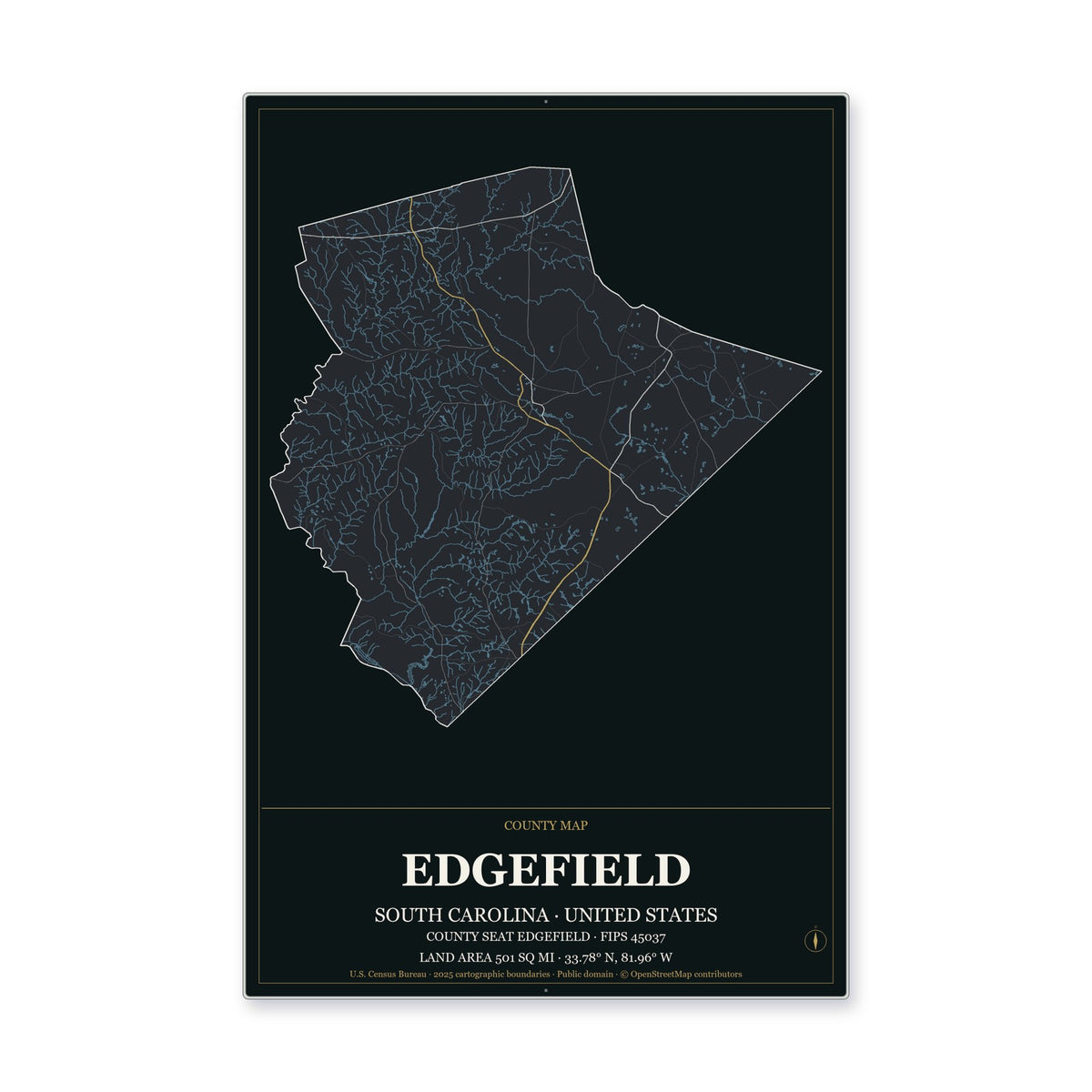 Edgefield County, South Carolina Map Aluminum Sign in Metropolitan Noir style
