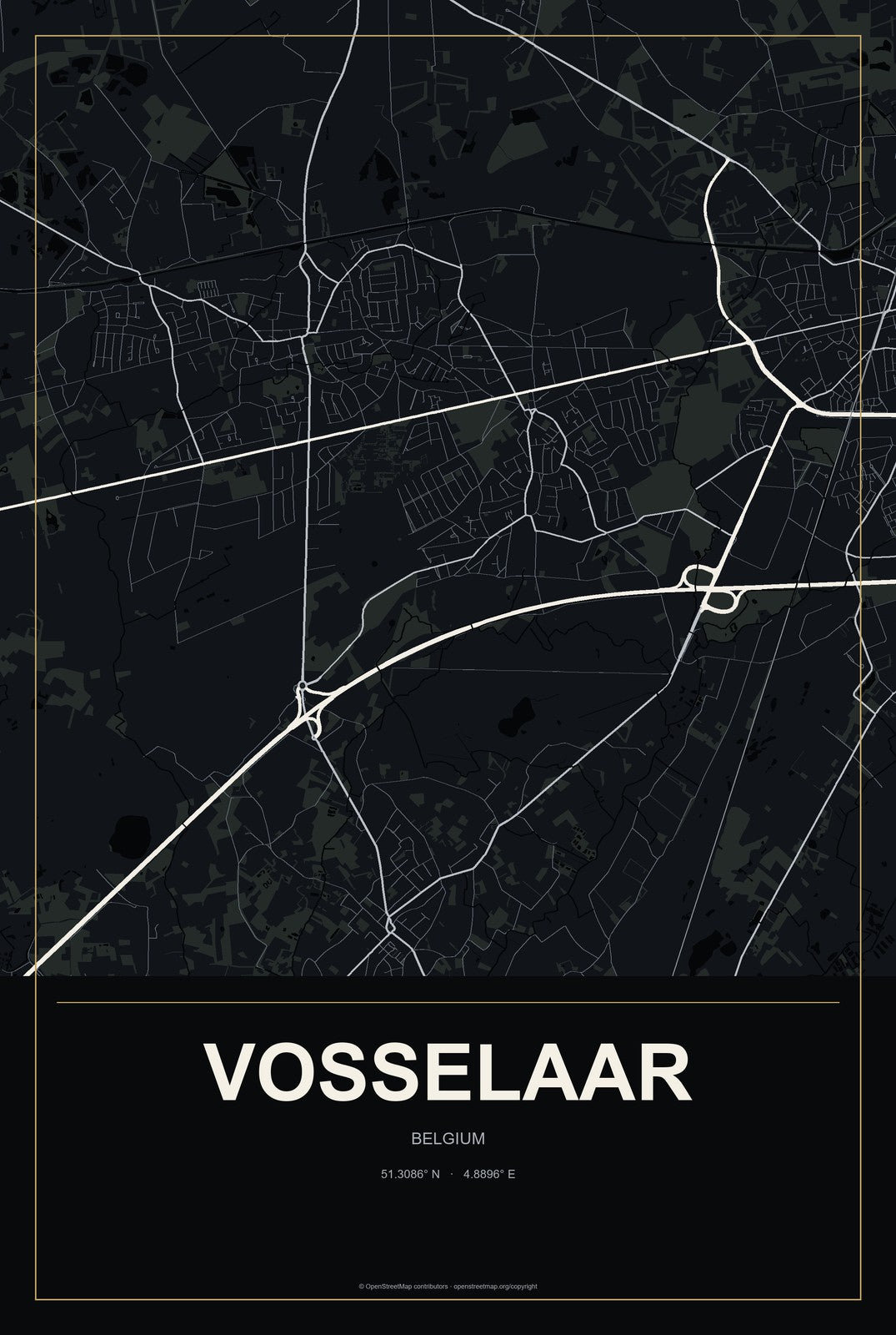Vosselaar, Belgium City Map Aluminum Sign in Metropolitan Noir style