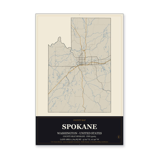 Spokane County, Washington Map Aluminum Sign in Museum Plaque style