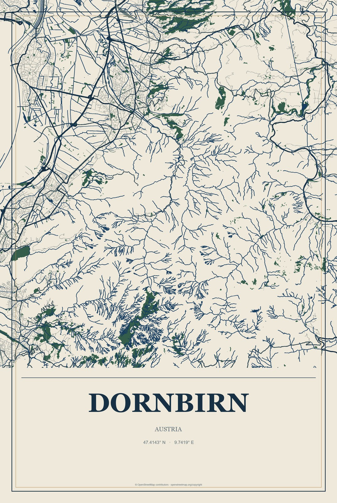 Dornbirn, Austria City Map Aluminum Sign in Coastal Cutout style