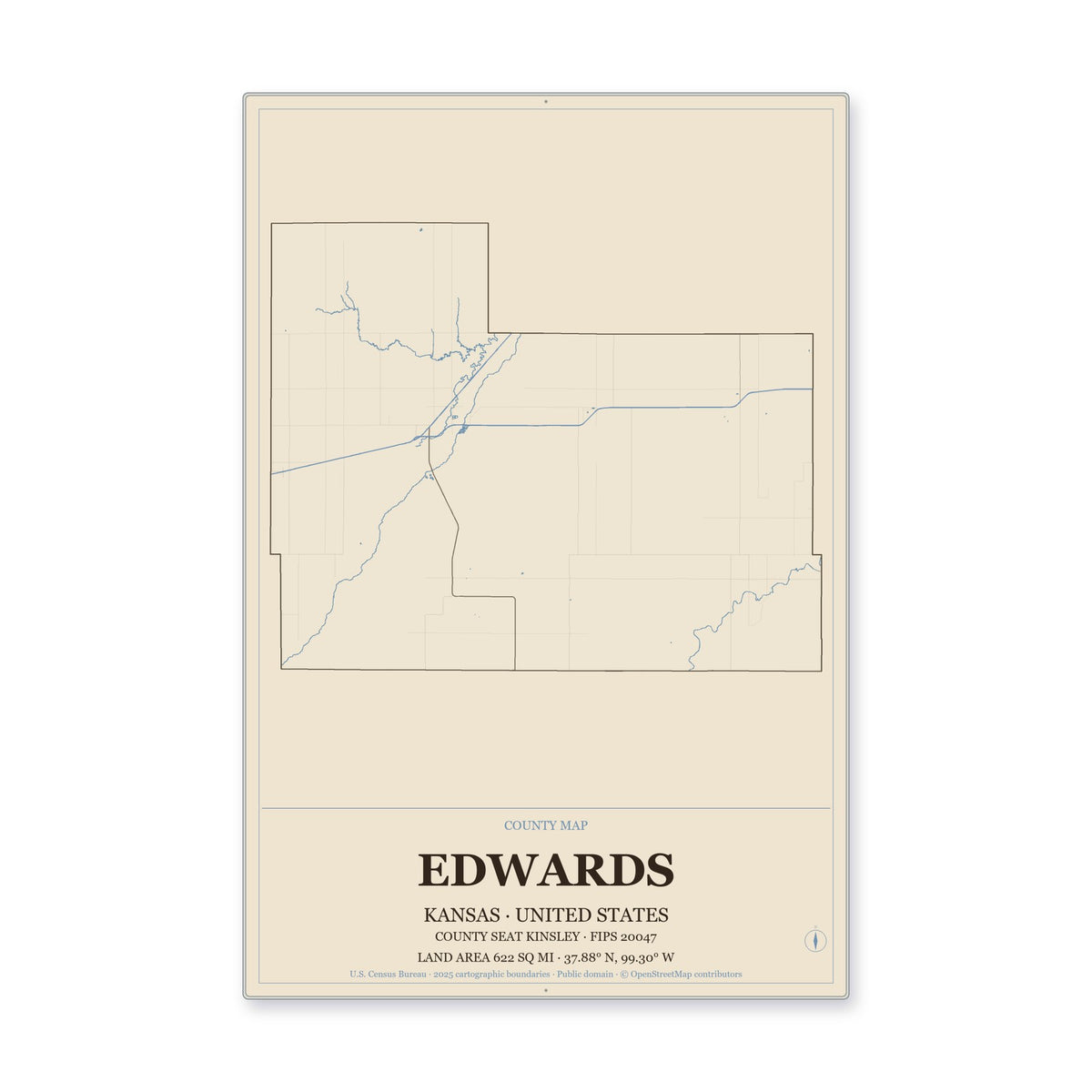 Edwards County, Kansas Map Aluminum Sign in Heritage Nautical style