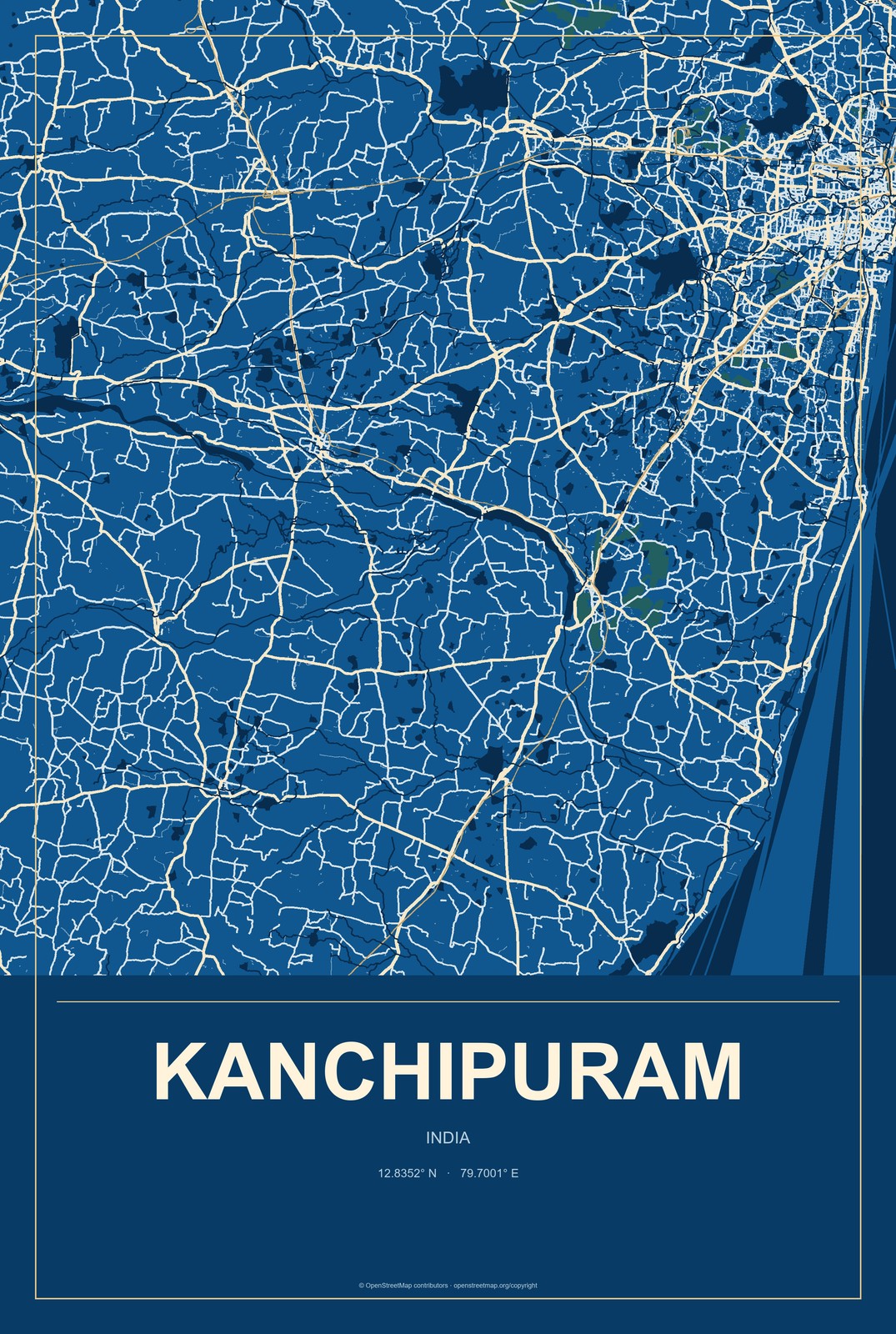 Kanchipuram, India City Map Aluminum Sign in Harbor Cobalt style