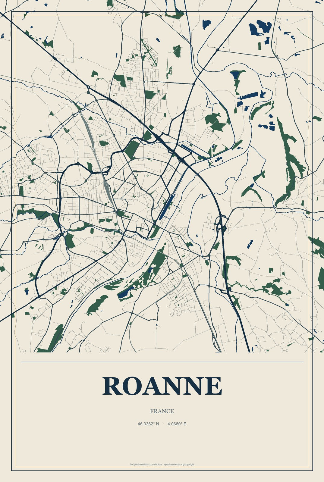 Roanne, France City Map Aluminum Sign in Coastal Cutout style