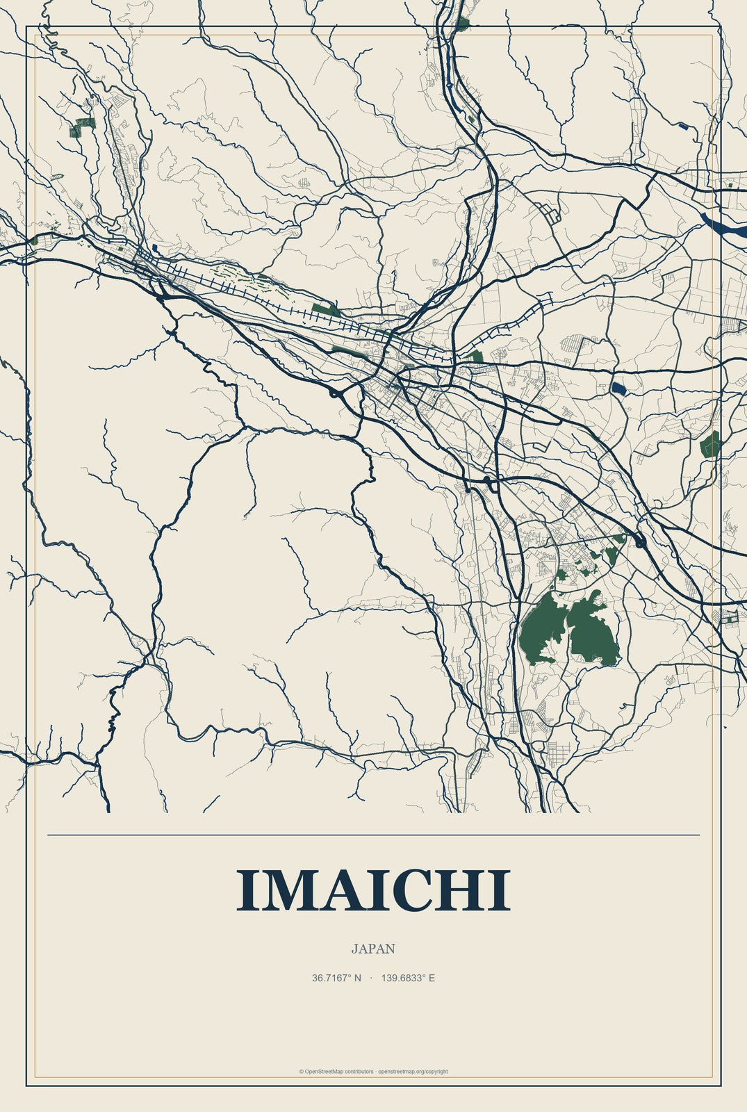 Imaichi, Japan City Map Aluminum Sign in Coastal Cutout style
