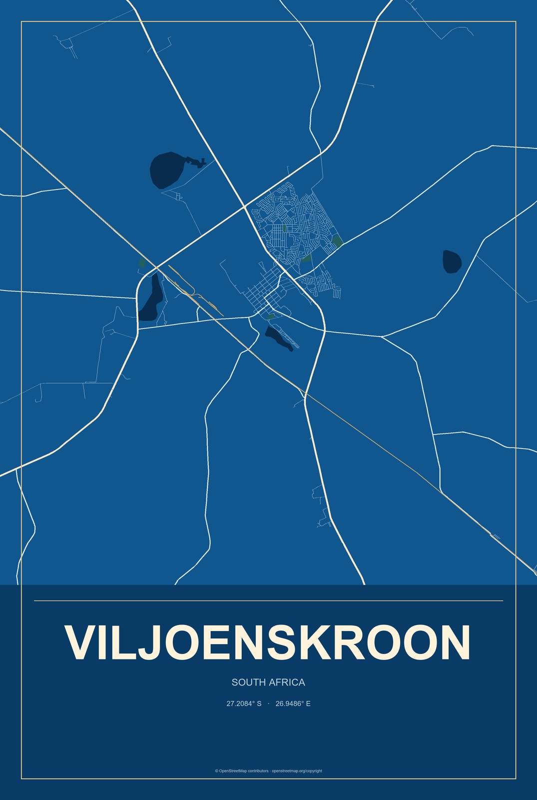 Viljoenskroon, South Africa City Map Aluminum Sign in Harbor Cobalt style