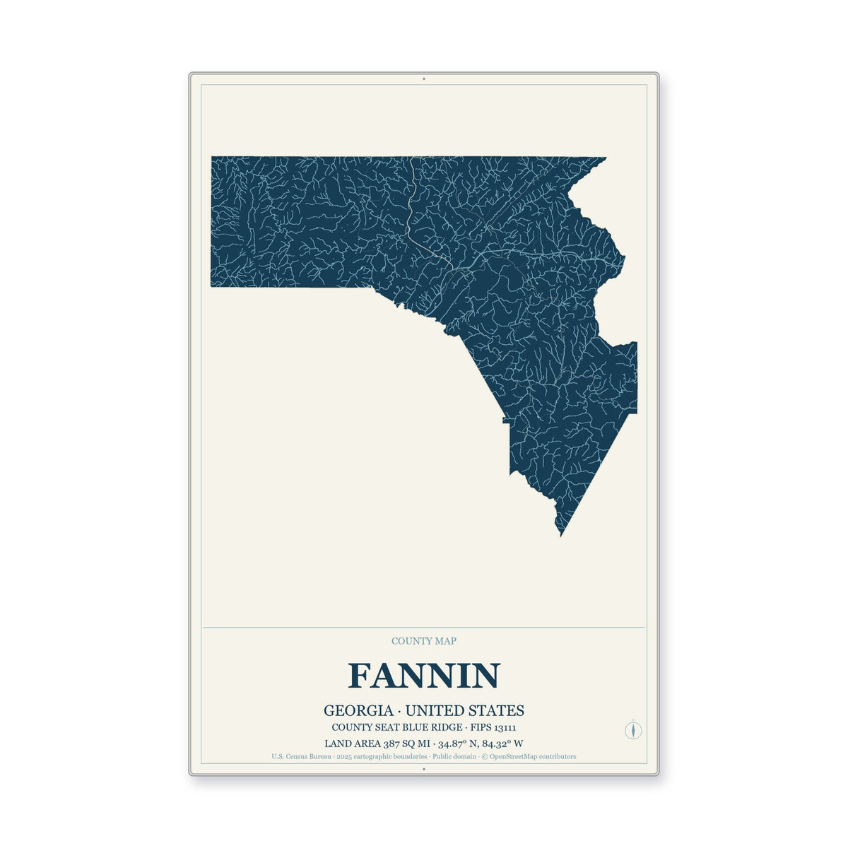 Fannin County, Georgia Map Aluminum Sign in Coastal Cutout style