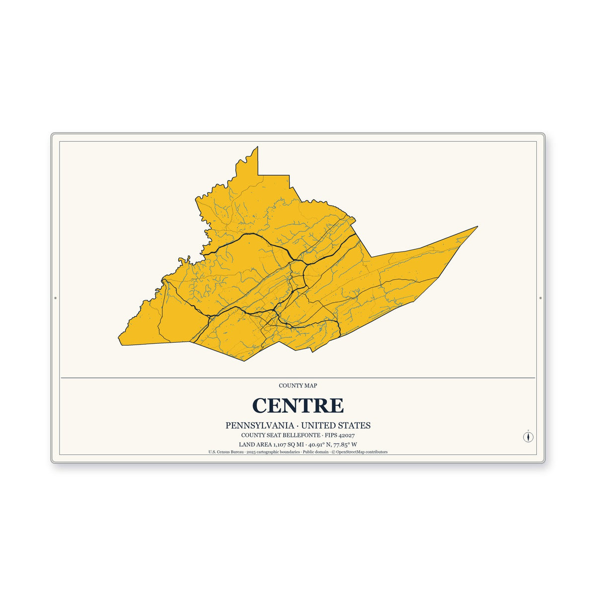 Centre County, Pennsylvania Map Aluminum Sign in Citrine Modern style
