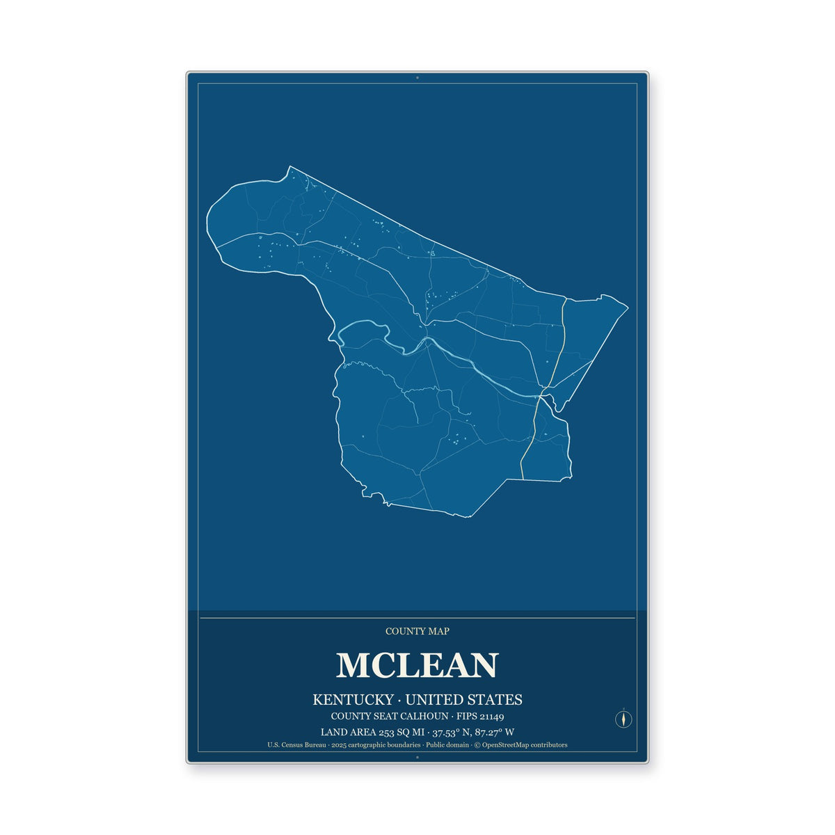 McLean County, Kentucky Map Aluminum Sign in Harbor Cobalt style
