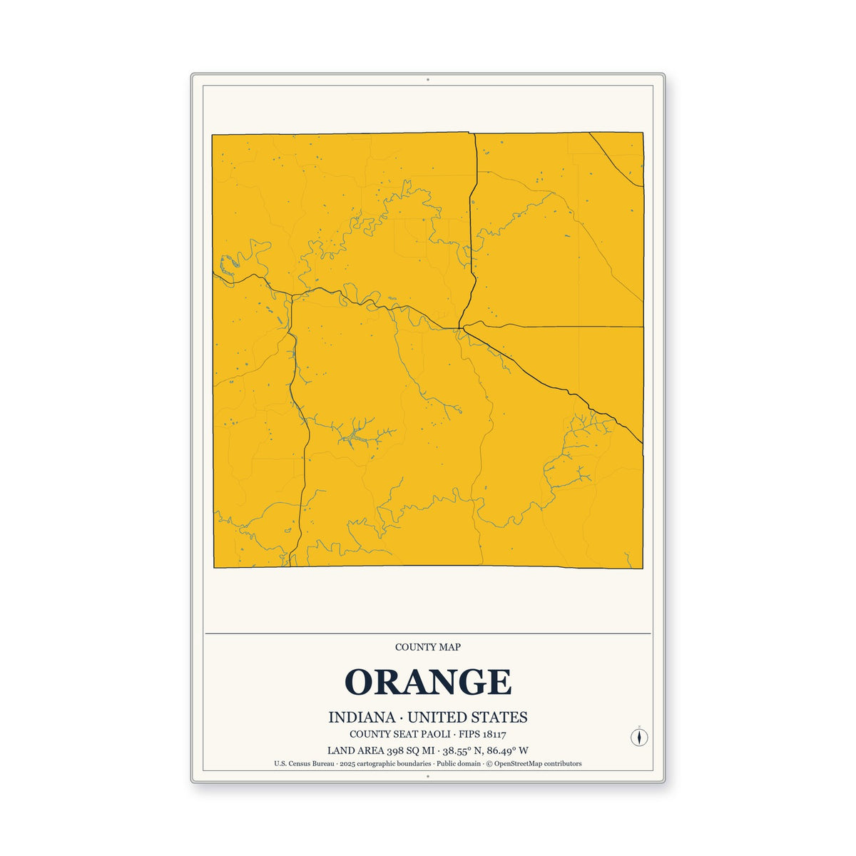 Orange County, Indiana Map Aluminum Sign in Citrine Modern style