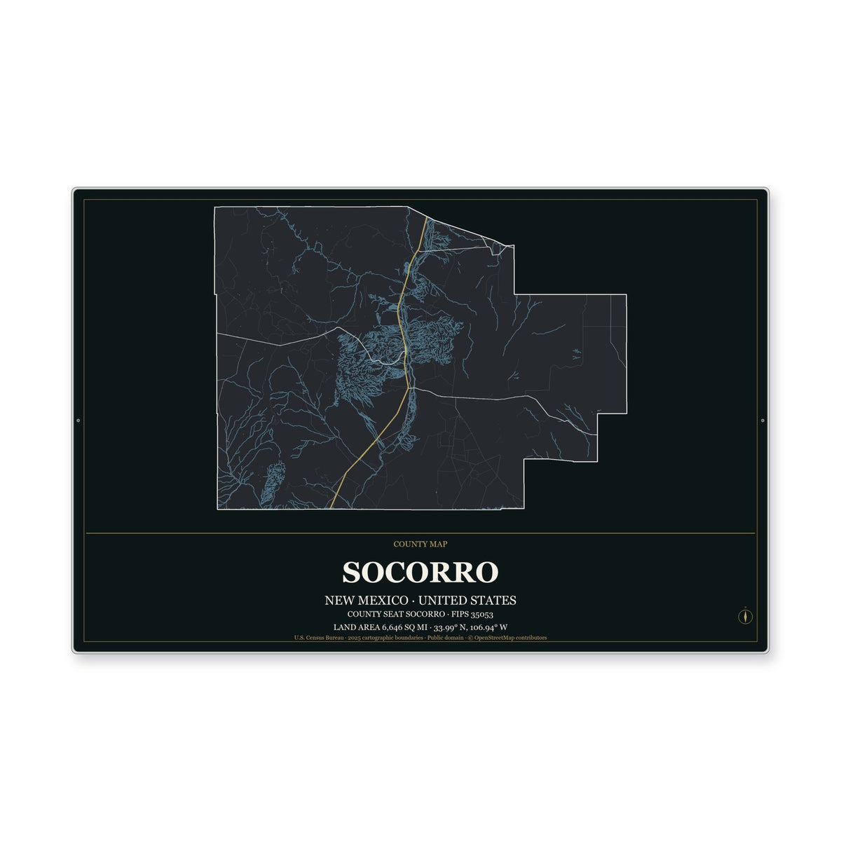Socorro County, New Mexico Map Aluminum Sign in Metropolitan Noir style