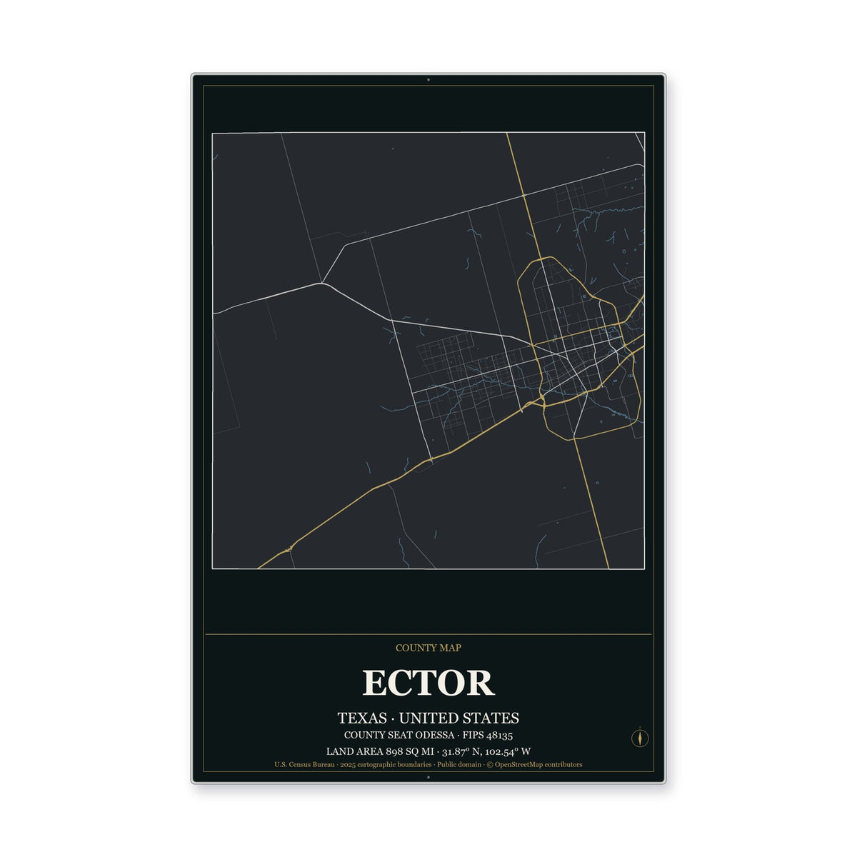 Ector County, Texas Map Aluminum Sign in Metropolitan Noir style