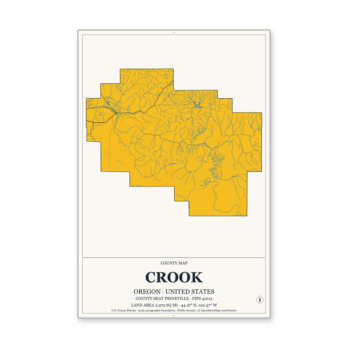 Crook County, Oregon Map Aluminum Sign in Citrine Modern style