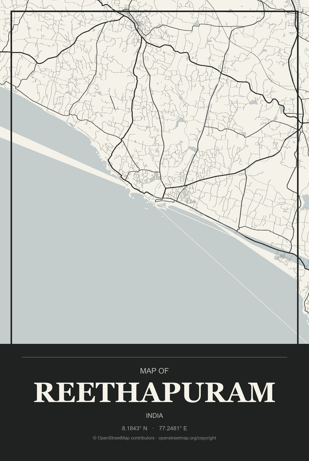 Reethapuram, India City Map Aluminum Sign in Museum Plaque style