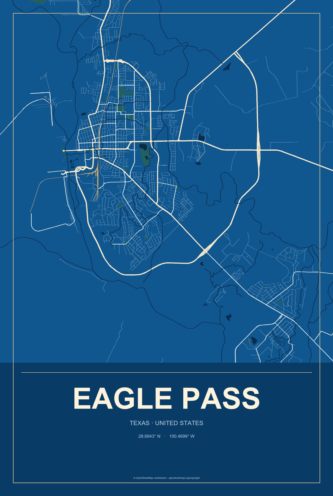 Eagle Pass, Texas City Map Aluminum Sign in Harbor Cobalt style