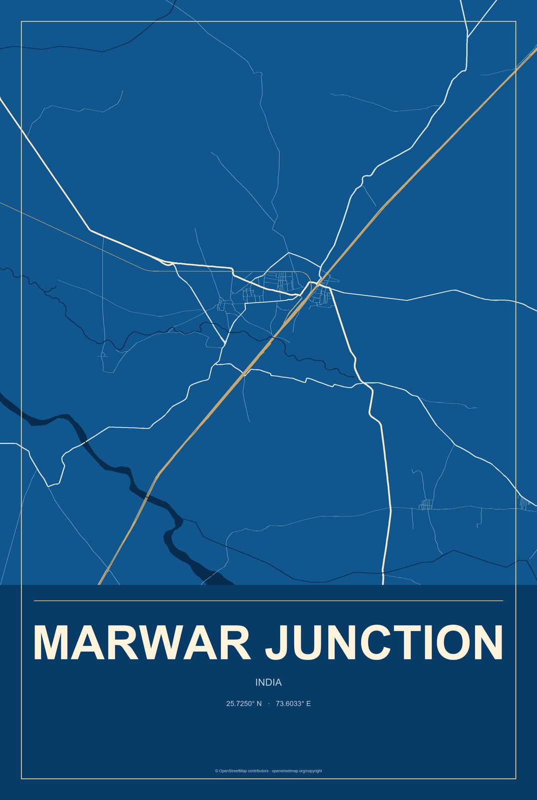 Marwar Junction, India City Map Aluminum Sign in Harbor Cobalt style