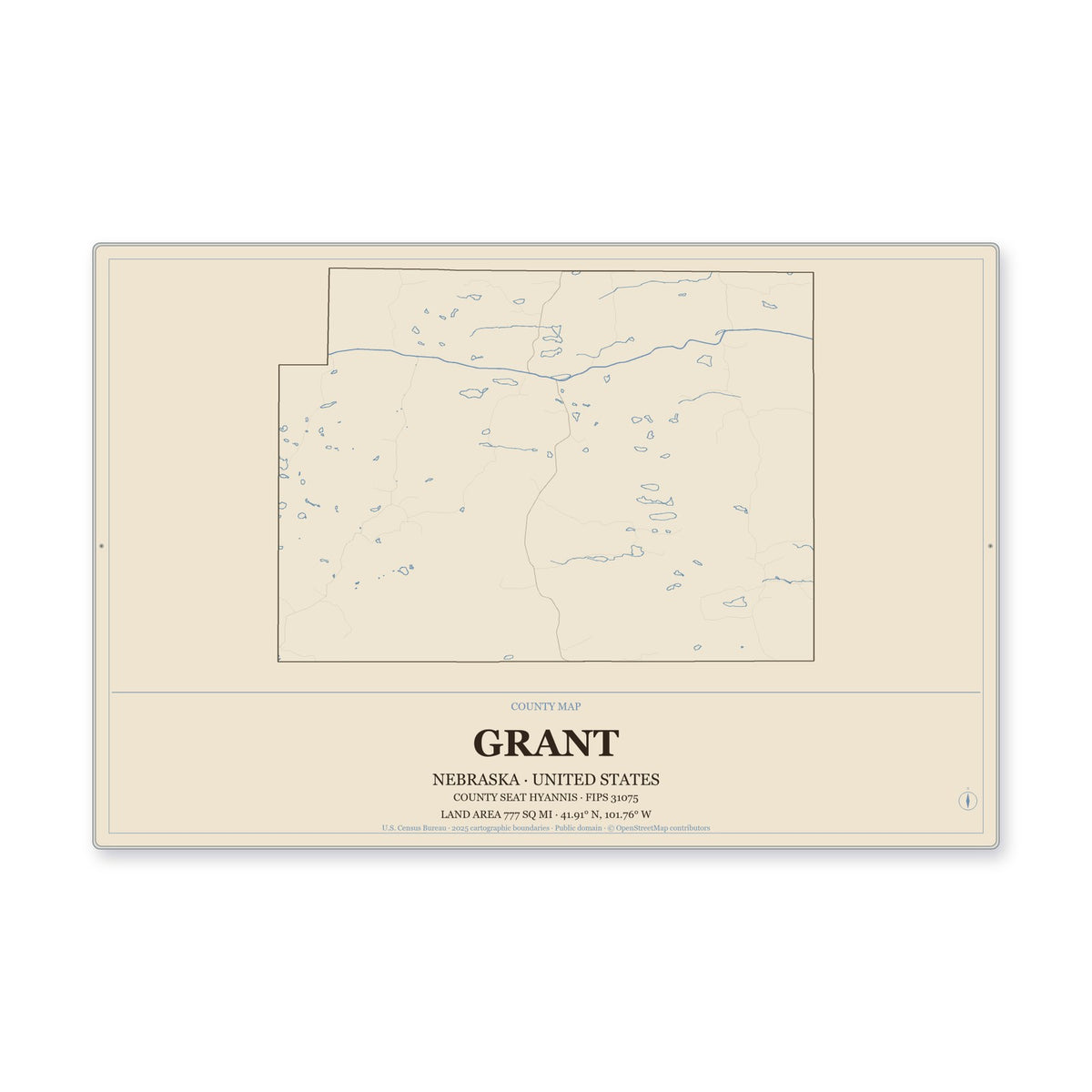 Grant County, Nebraska Map Aluminum Sign in Heritage Nautical style
