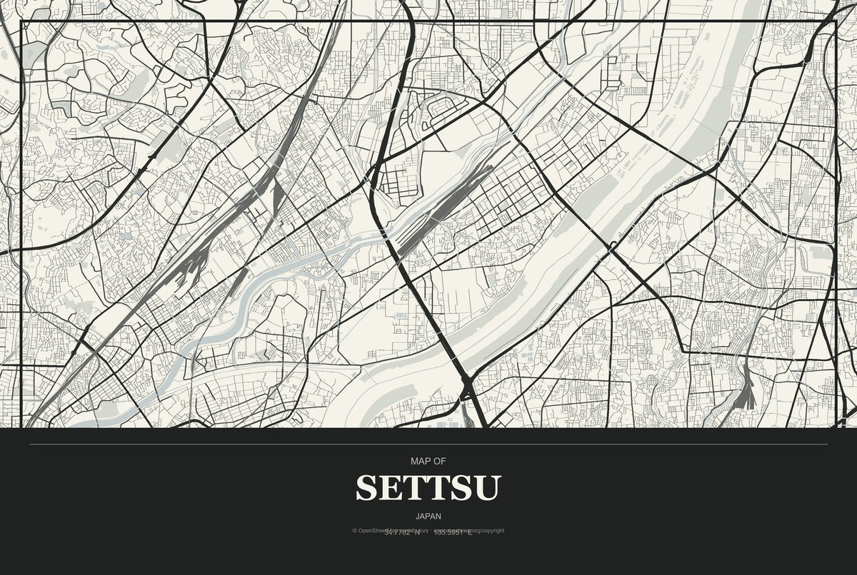 Settsu, Japan City Map Aluminum Sign in Museum Plaque style