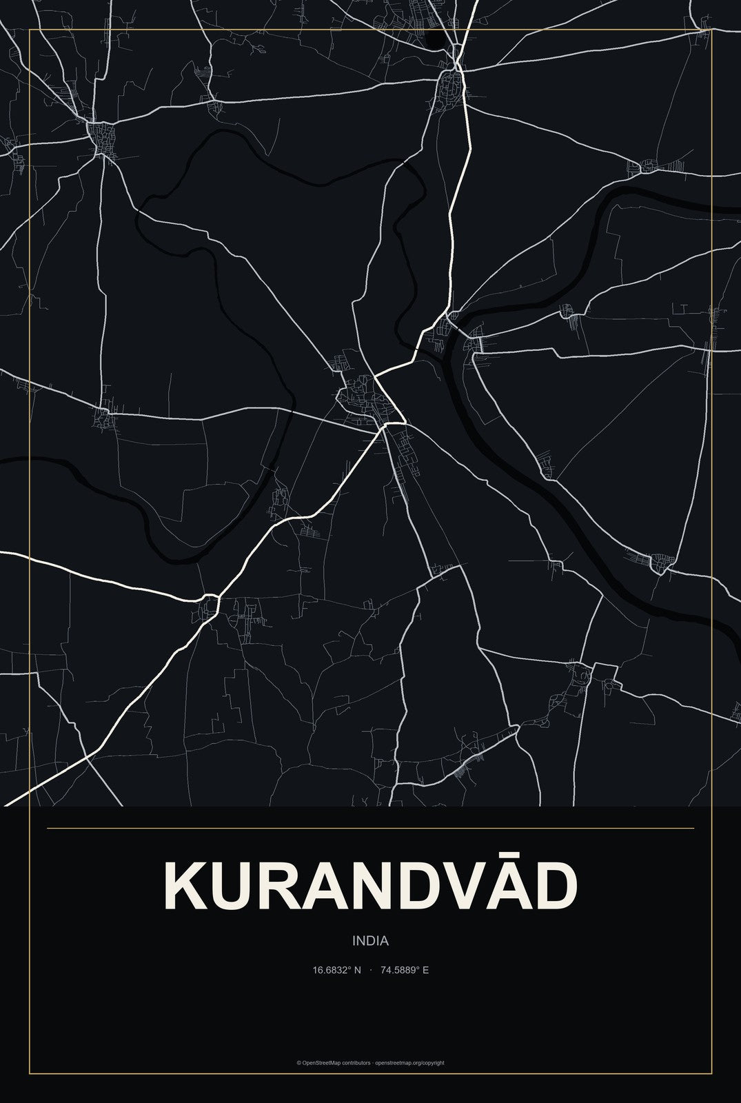 Kurandvād, India City Map Aluminum Sign in Metropolitan Noir style