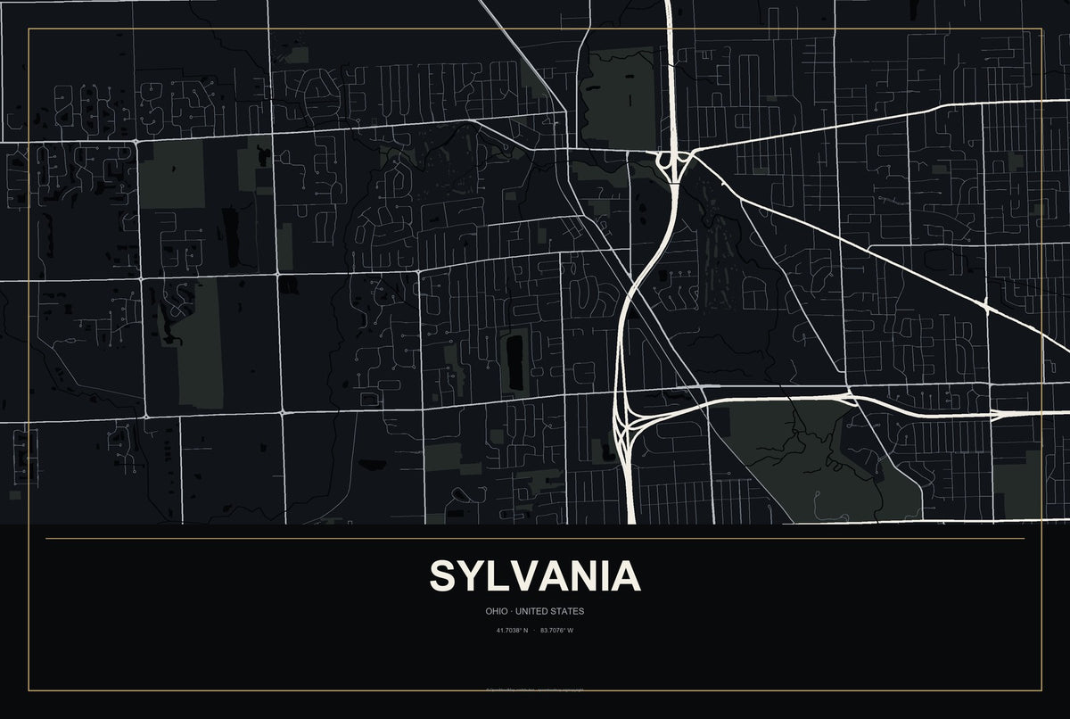 Sylvania, Ohio City Map Aluminum Sign in Metropolitan Noir style