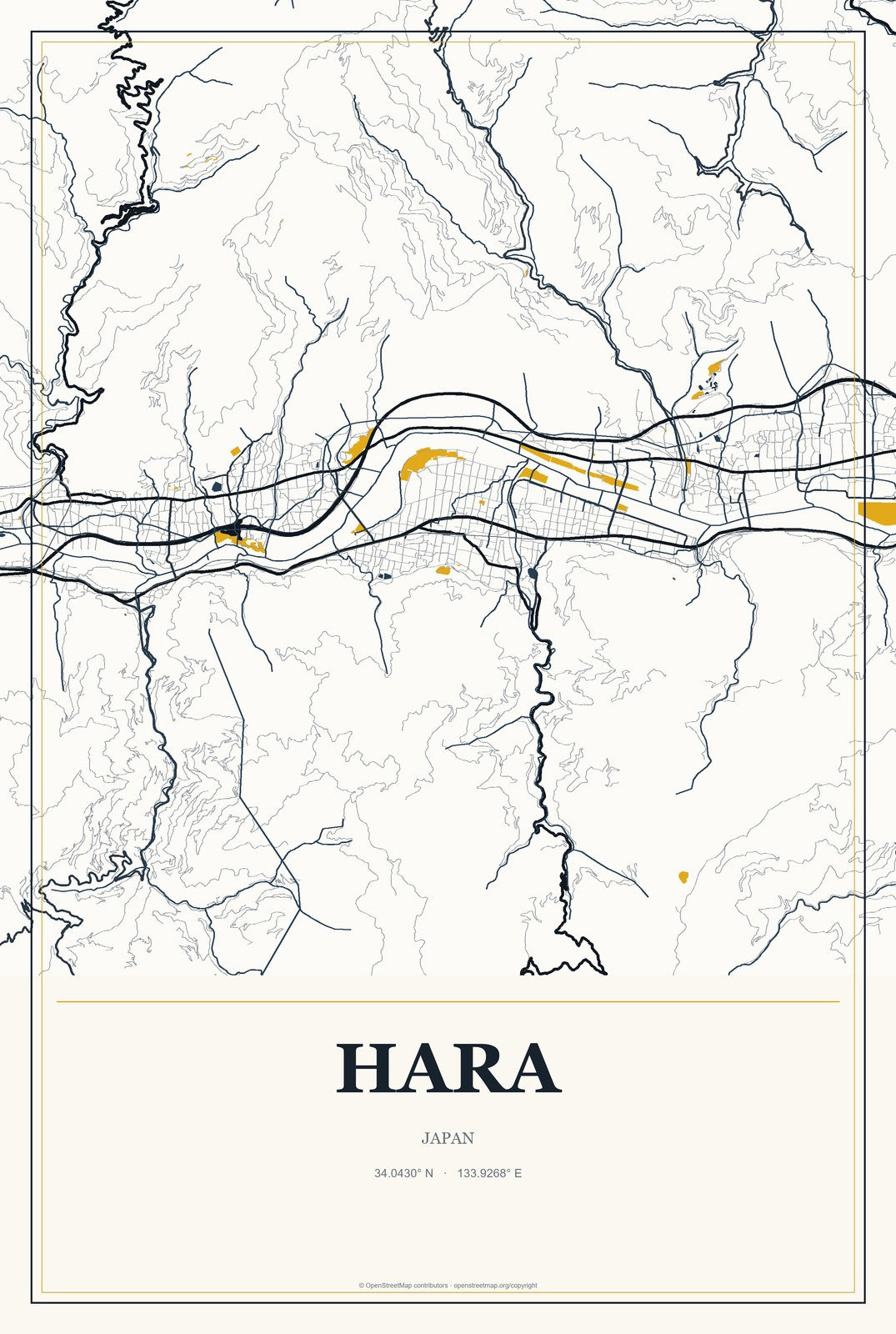 Hara, Japan City Map Aluminum Sign in Citrine Modern style