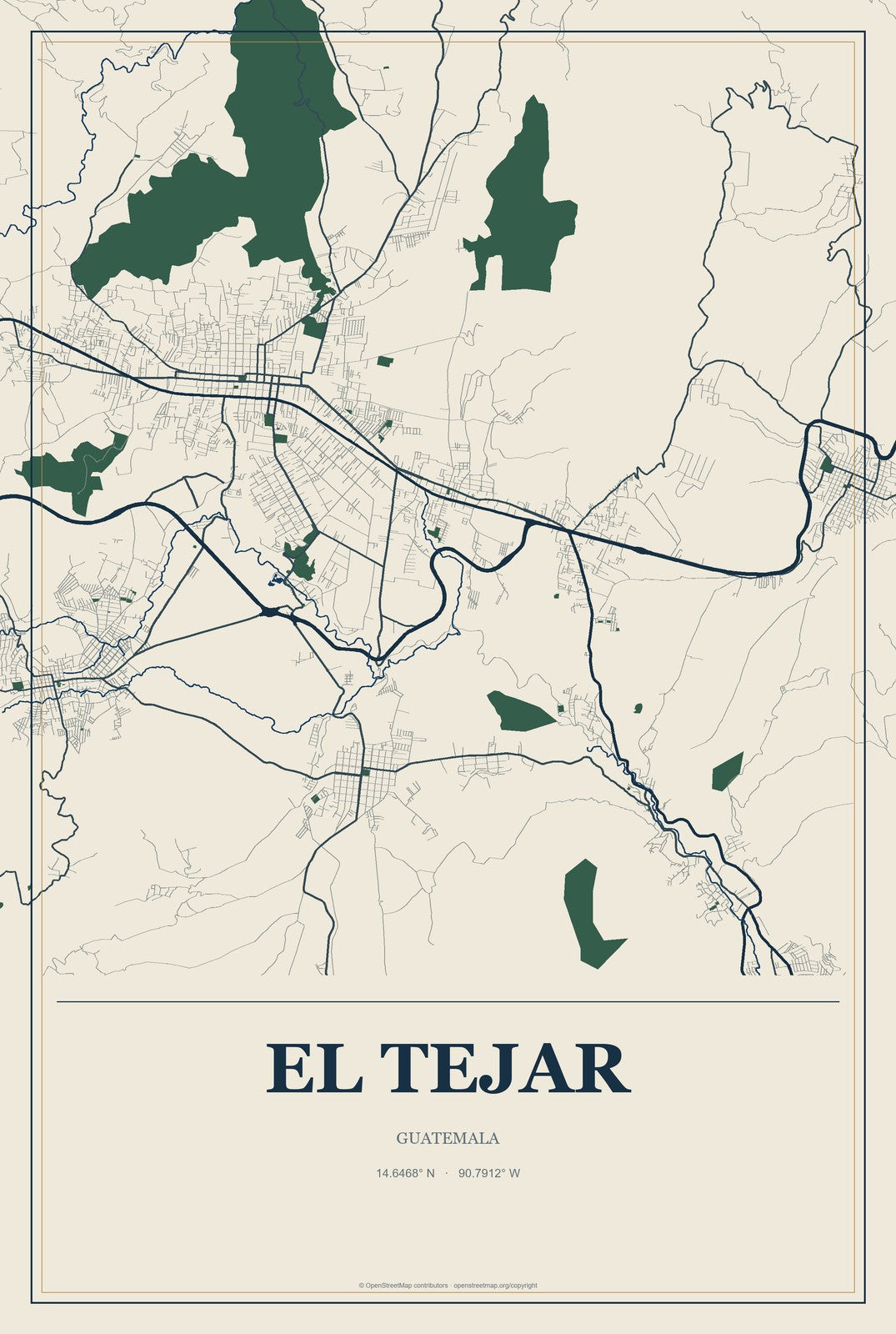 El Tejar, Guatemala City Map Aluminum Sign in Coastal Cutout style