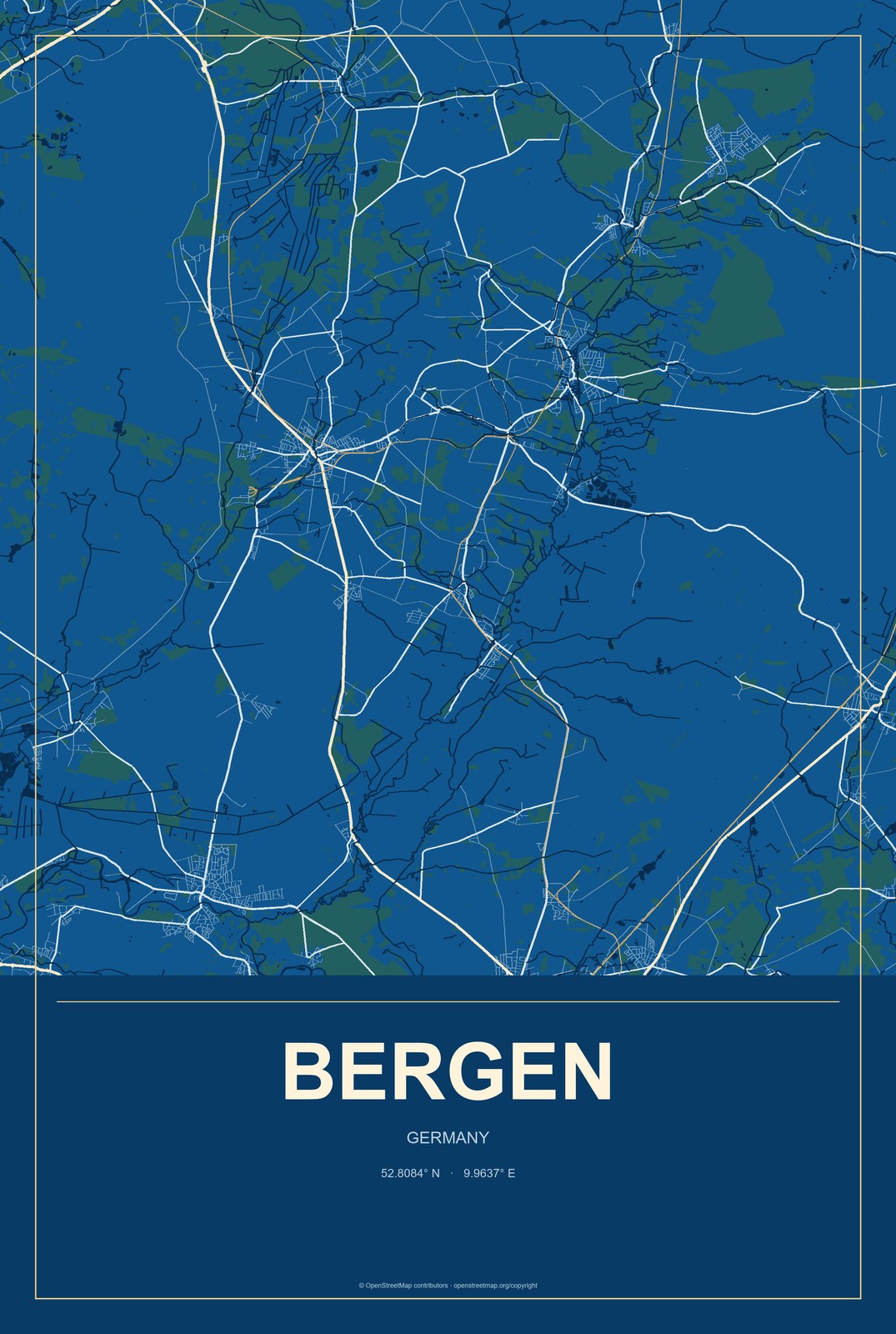 Bergen, Germany City Map Aluminum Sign in Harbor Cobalt style