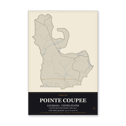 Pointe Coupee Parish, Louisiana Map Aluminum Sign in Museum Plaque style