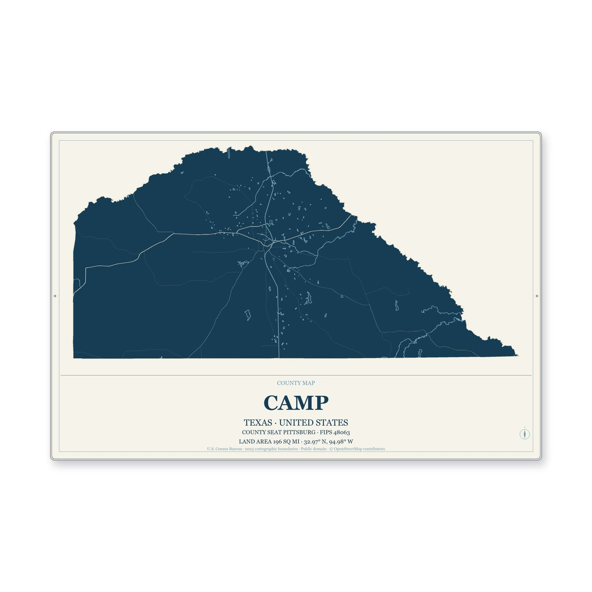 Camp County, Texas Map Aluminum Sign in Coastal Cutout style