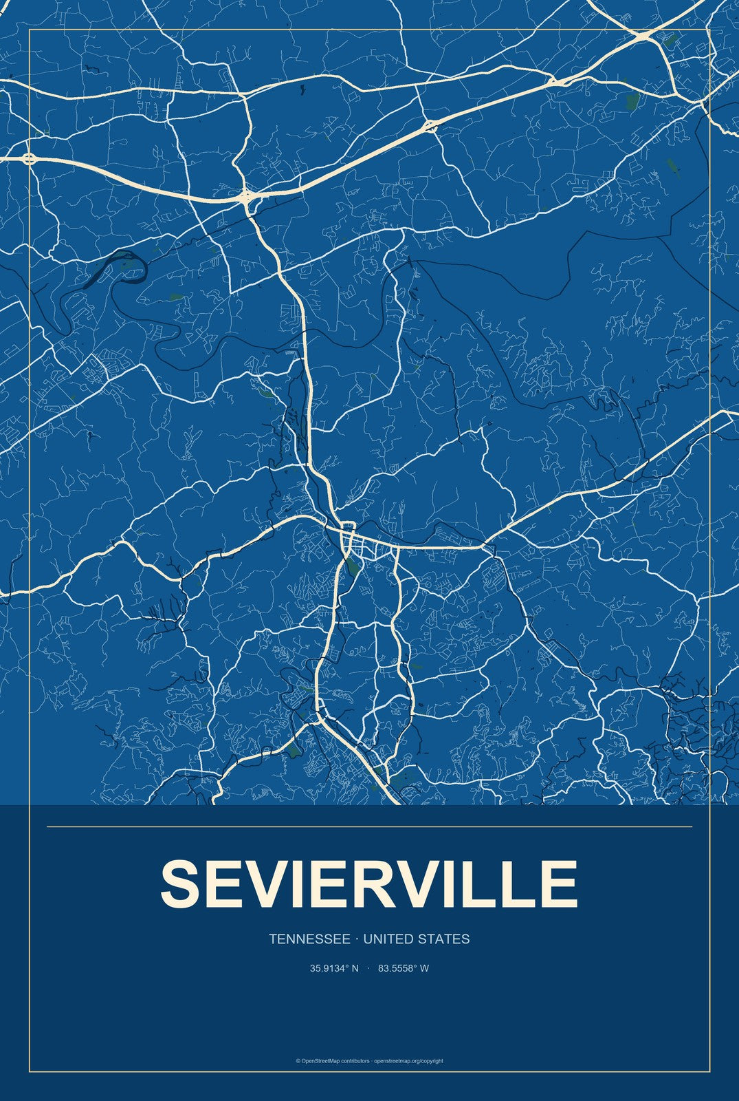 Sevierville, Tennessee City Map Aluminum Sign in Harbor Cobalt style