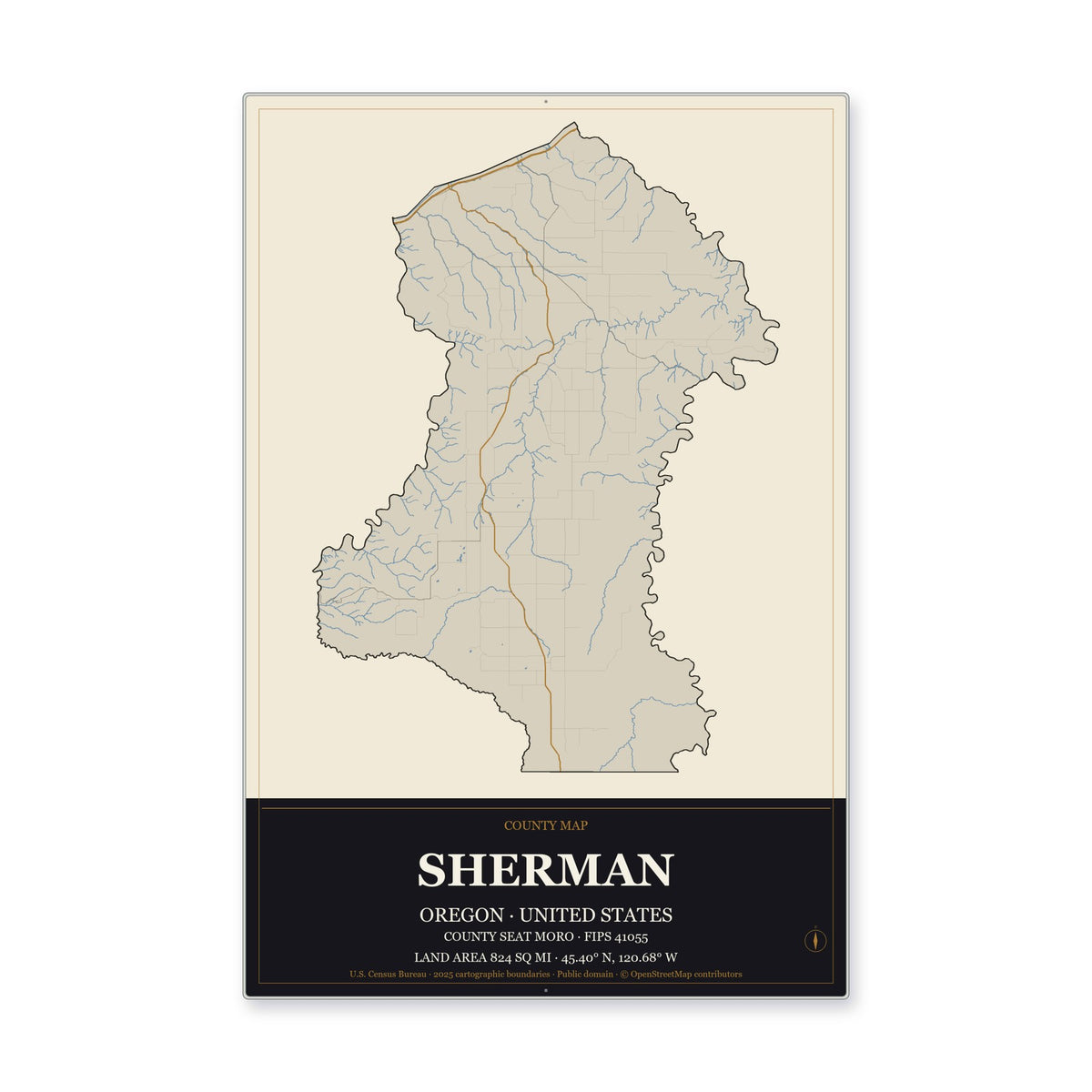 Sherman County, Oregon Map Aluminum Sign in Museum Plaque style