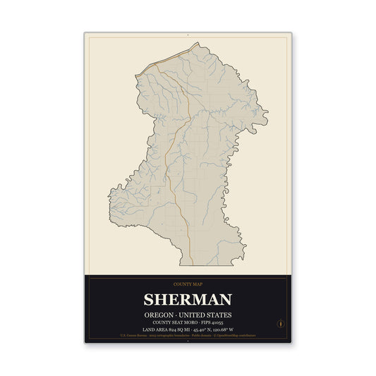 Sherman County, Oregon Map Aluminum Sign in Museum Plaque style