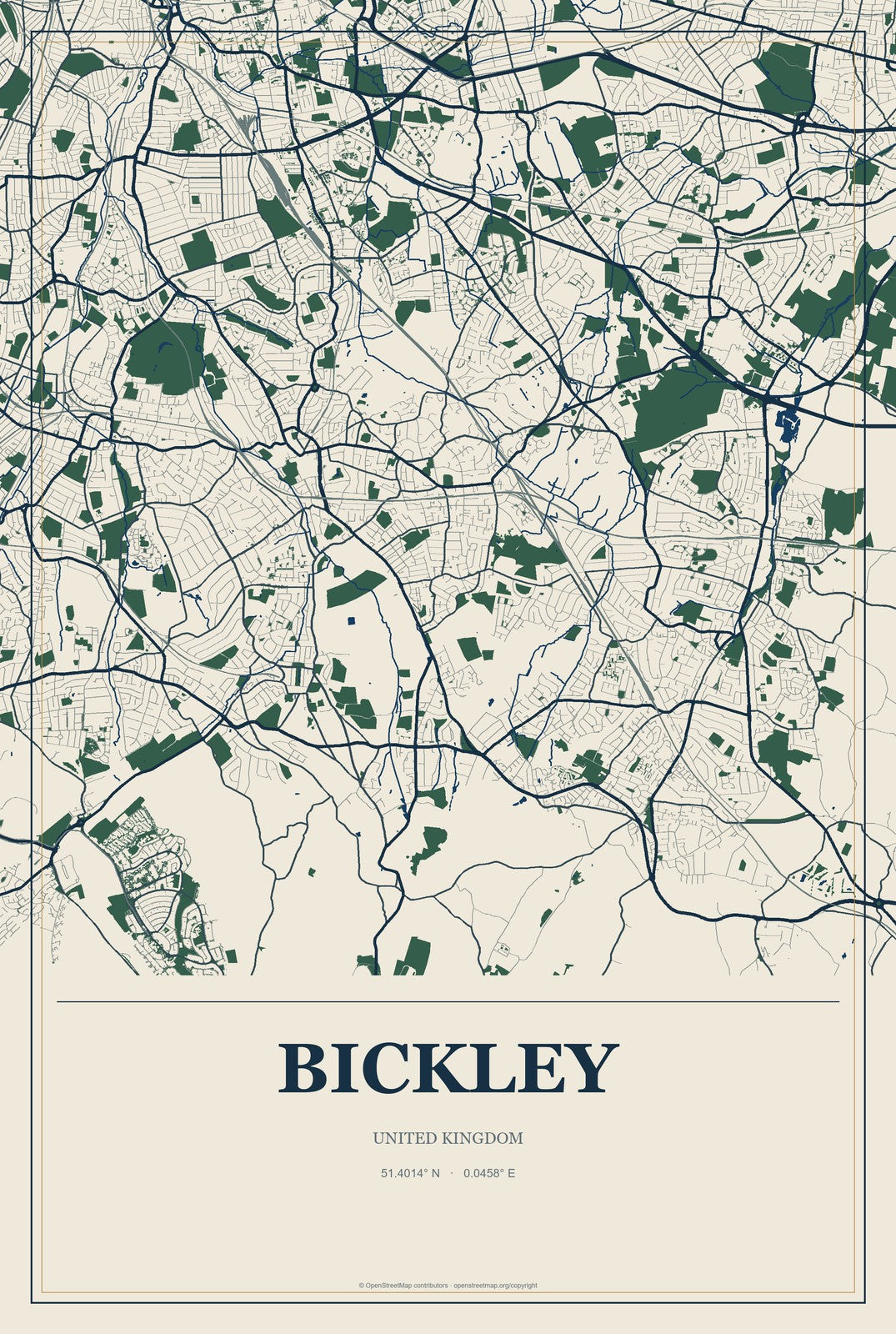Bickley, United Kingdom City Map Aluminum Sign in Coastal Cutout style