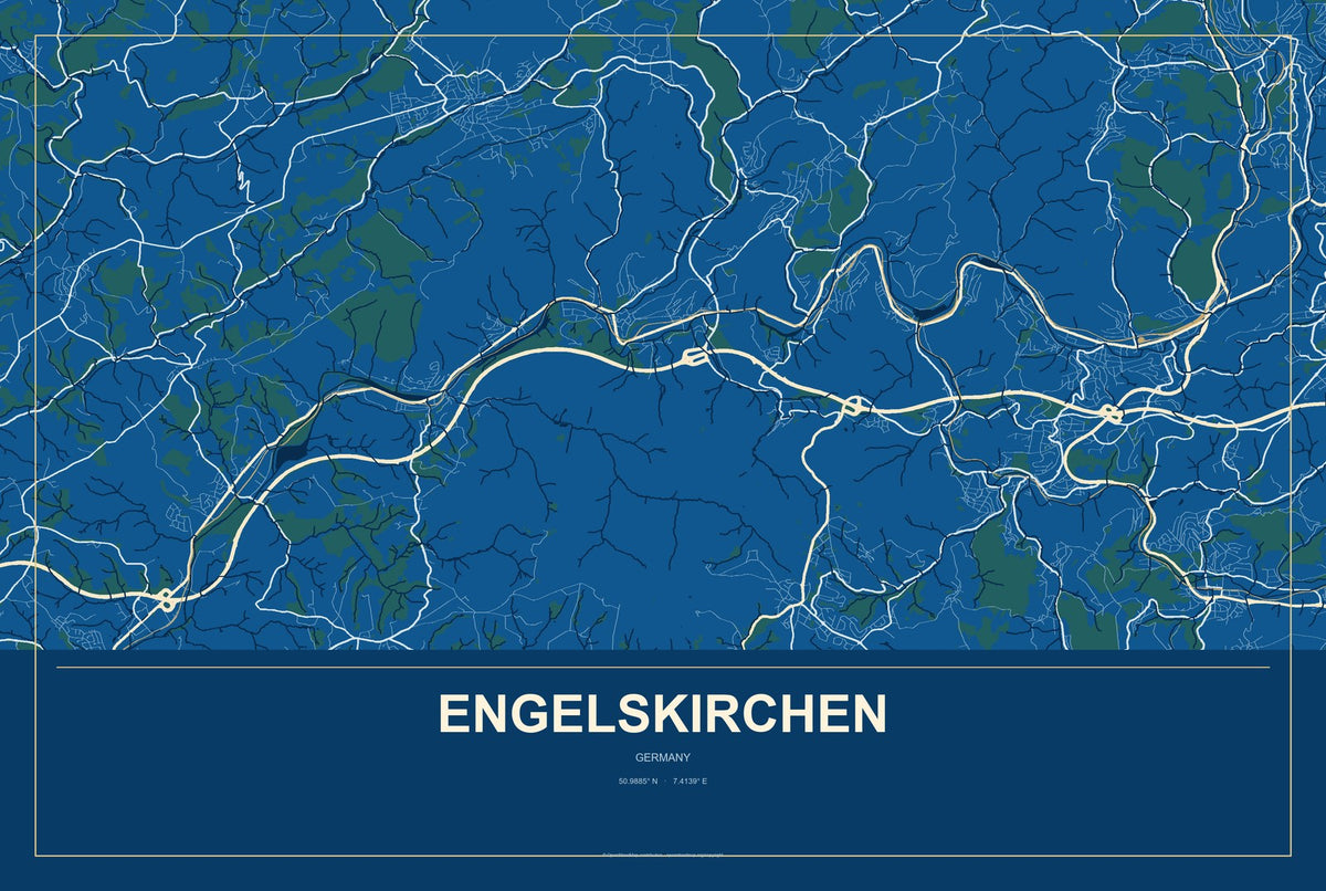 Engelskirchen, Germany City Map Aluminum Sign in Harbor Cobalt style