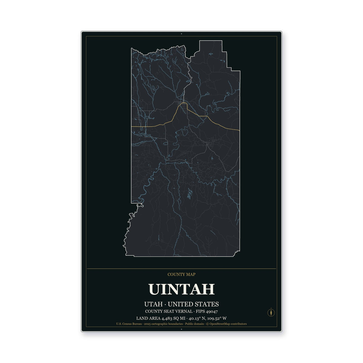 Uintah County, Utah Map Aluminum Sign in Metropolitan Noir style