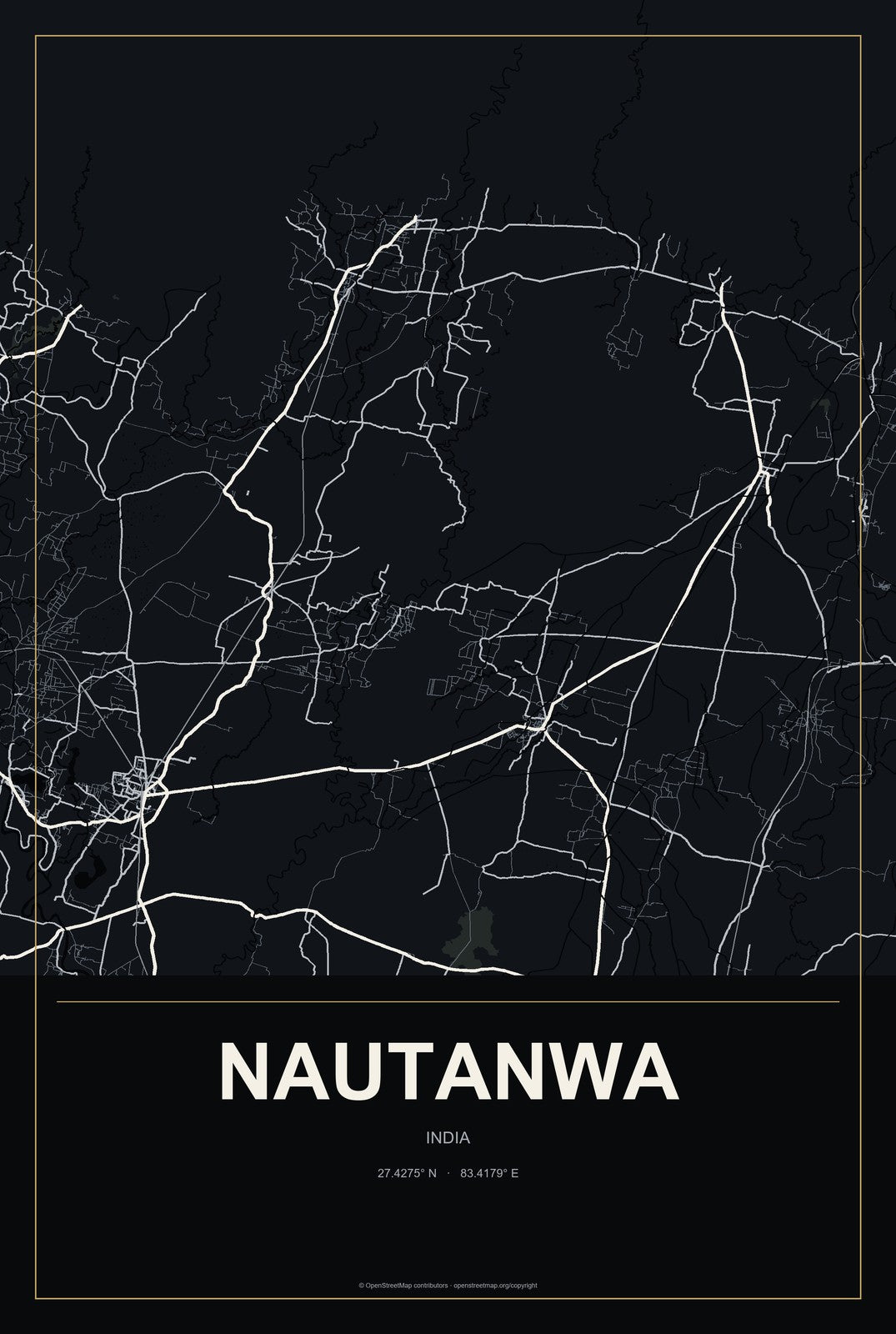 Nautanwa, India City Map Aluminum Sign in Metropolitan Noir style