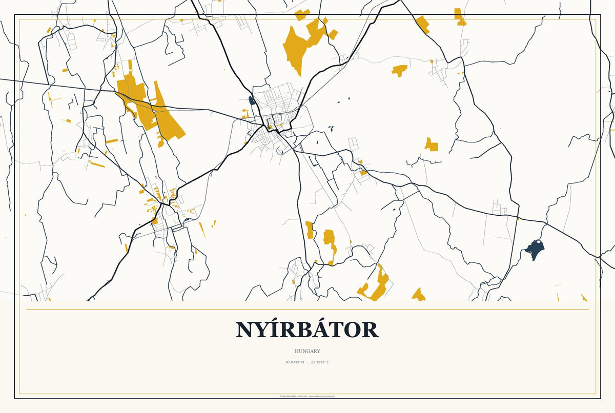 Nyírbátor, Hungary City Map Aluminum Sign in Citrine Modern style
