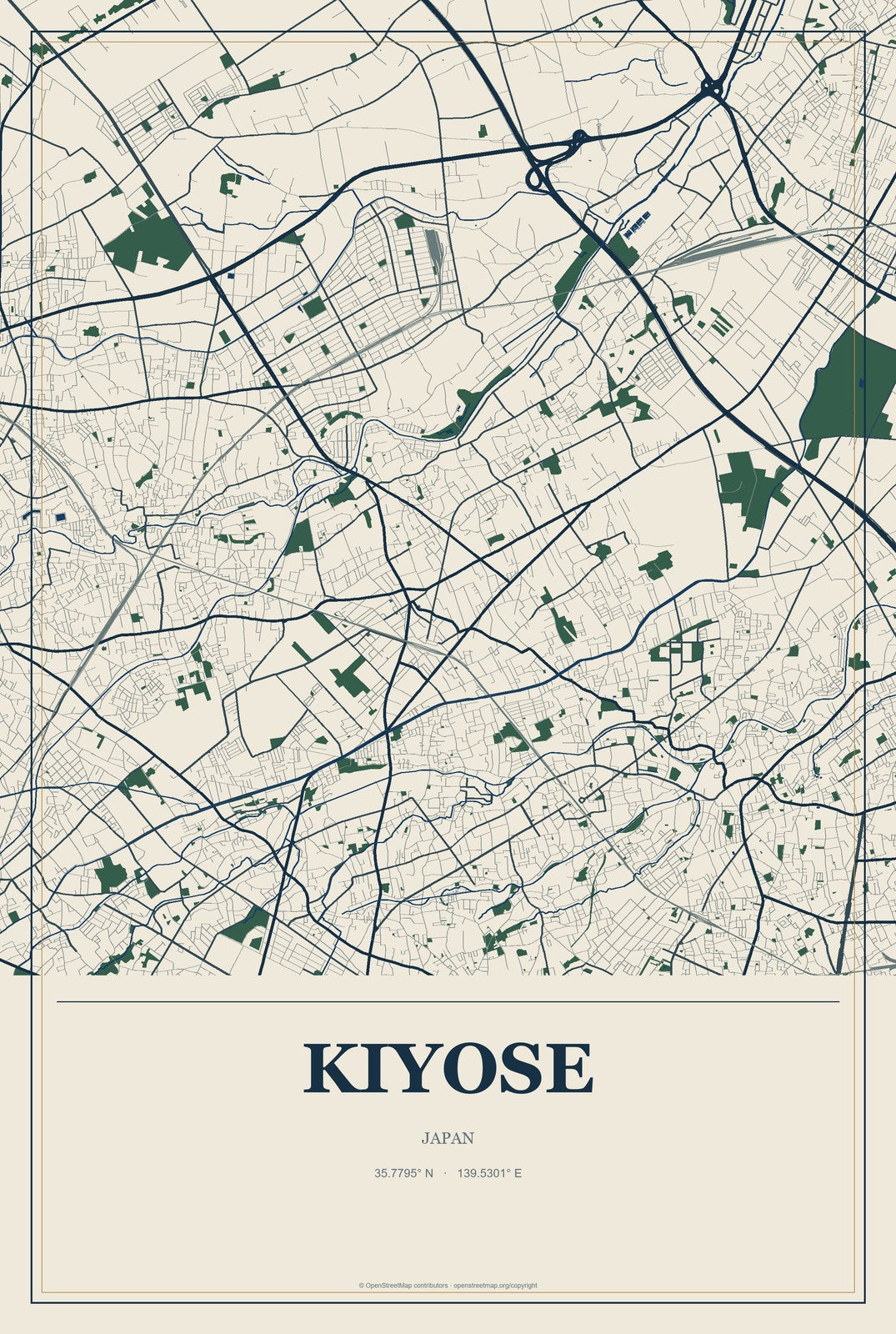 Kiyose, Japan City Map Aluminum Sign in Coastal Cutout style