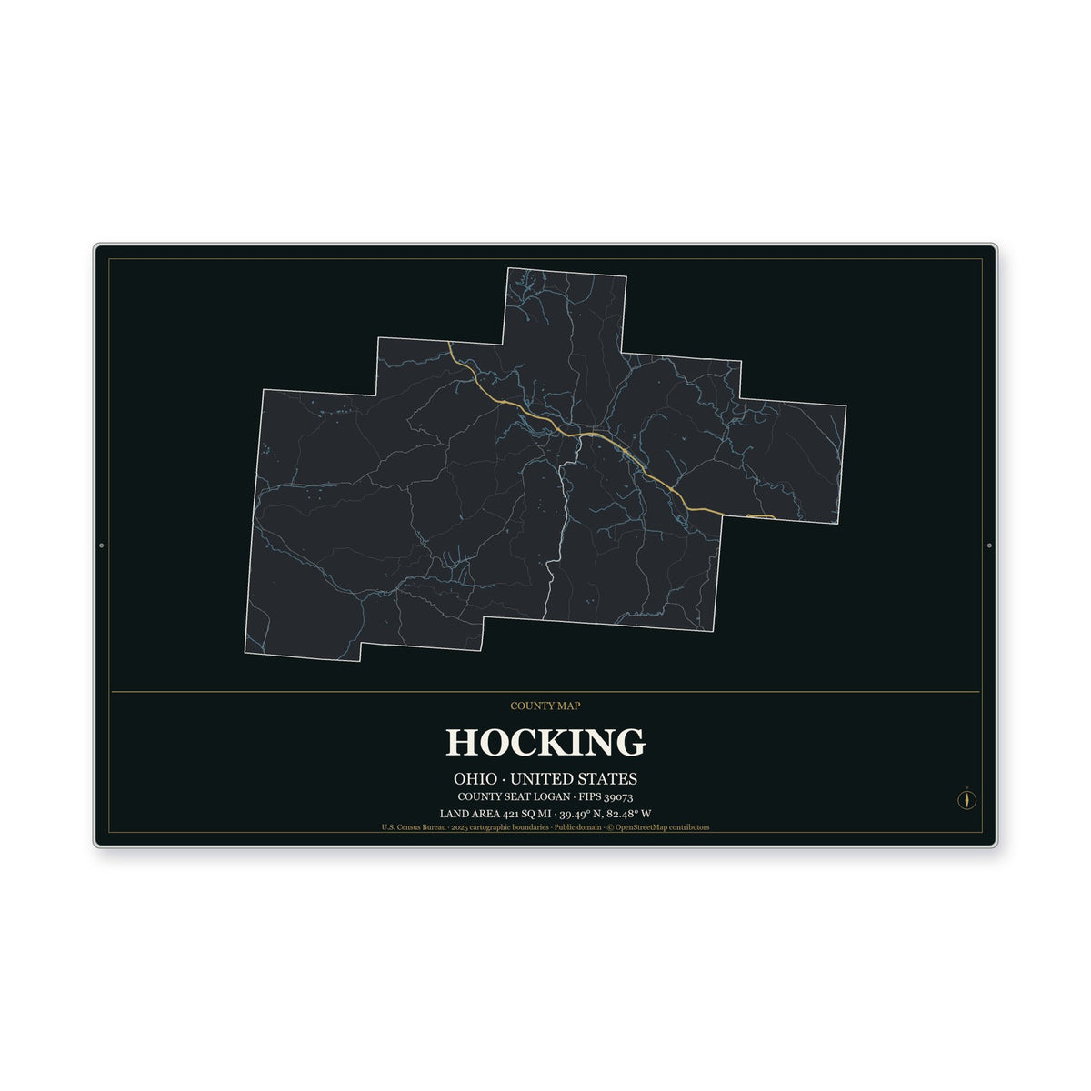Hocking County, Ohio Map Aluminum Sign in Metropolitan Noir style
