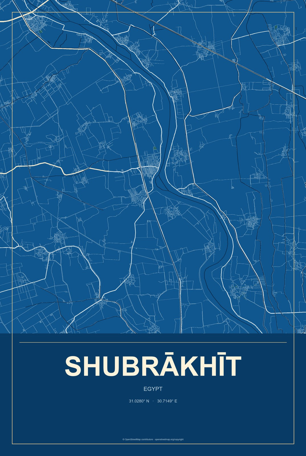 Shubrākhīt, Egypt City Map Aluminum Sign in Harbor Cobalt style