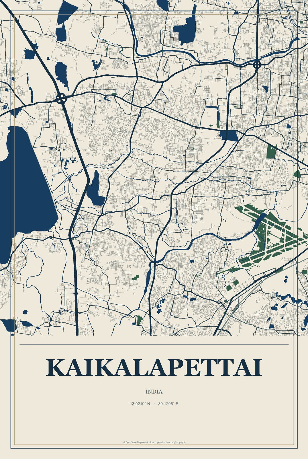 Kaikalapettai, India City Map Aluminum Sign in Coastal Cutout style