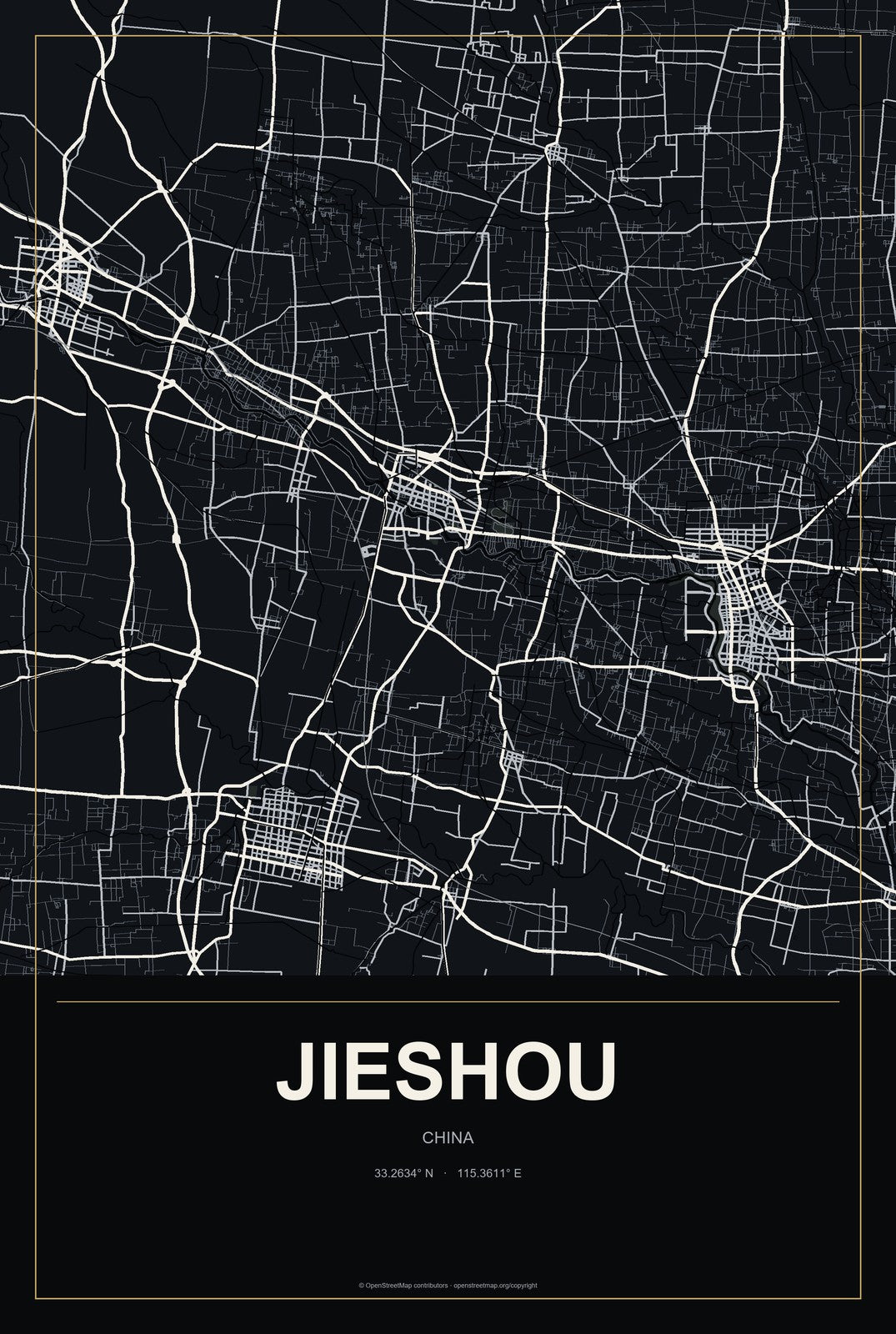 Jieshou, China City Map Aluminum Sign in Metropolitan Noir style