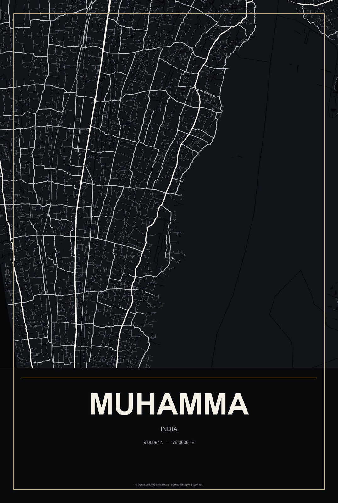 Muhamma, India City Map Aluminum Sign in Metropolitan Noir style