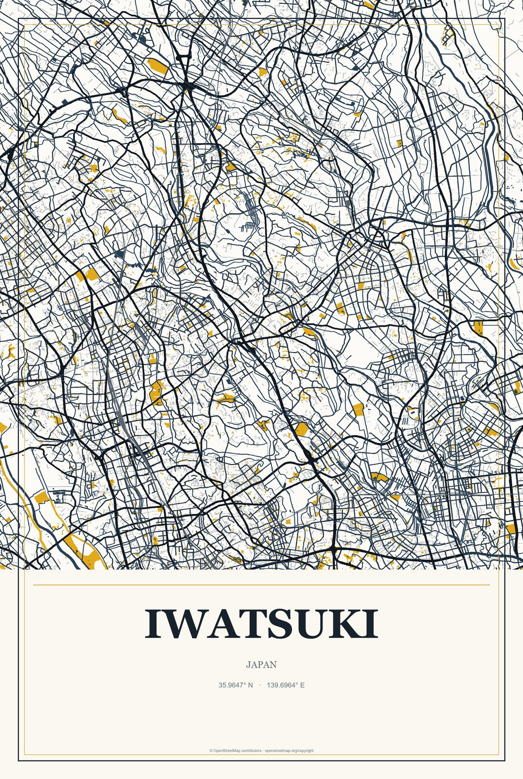Iwatsuki, Japan City Map Aluminum Sign in Citrine Modern style
