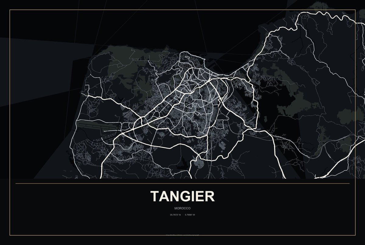 Tangier, Morocco City Map Aluminum Sign in Metropolitan Noir style