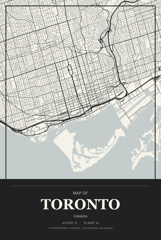 Toronto, Canada City Map Aluminum Sign in Museum Plaque style