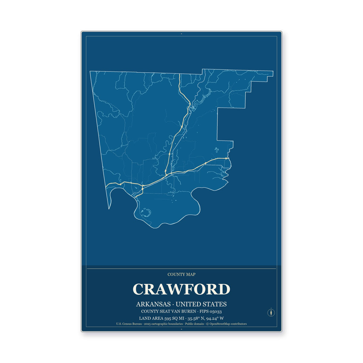 Crawford County, Arkansas Map Aluminum Sign in Harbor Cobalt style