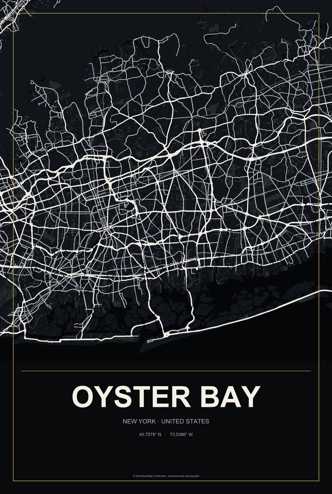 Oyster Bay, New York City Map Aluminum Sign in Metropolitan Noir style